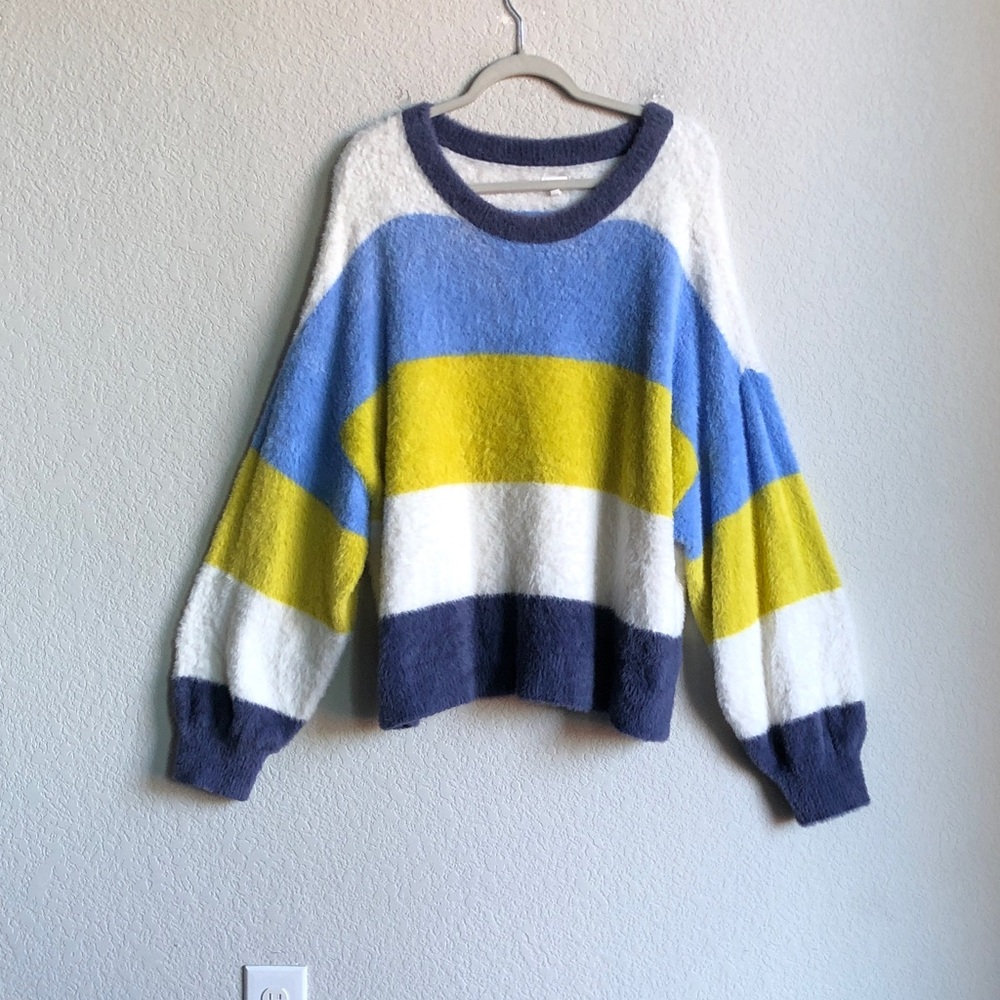 Aerie Flurry Crew Sweater Oversized Stripe Fuzzy Soft Eyelash Blue Large